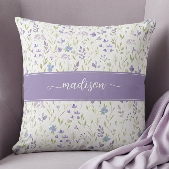 Personalized Purple Floral Monogram Throw Pillow (pretty purple blue wildflower floral pattern throw pillow with custom name monogram in calligraphy)