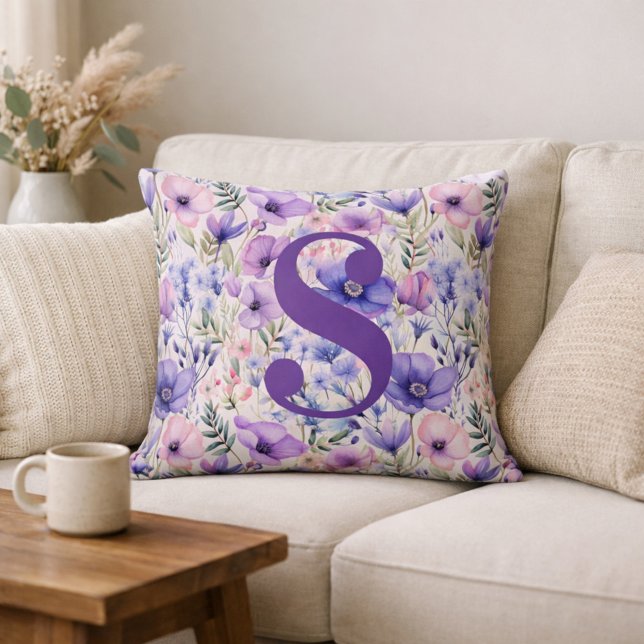 Personalized Purple Floral Monogram Throw Pillow (Creator Uploaded)