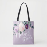 Personalized purple floral mother of the bride tote bag<br><div class="desc">Watercolor botanical floral and greenery in soft blush,  peach and purple,  with customizable "mother of the bride" script and custom name on the back,  elegant and romantic,   great personalized gifts for mother of the bride.</div>