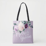 Personalized purple floral mother of the groom tote bag<br><div class="desc">Watercolor botanical floral and greenery in soft blush,  peach and purple,  with customizable "mother of the groom" script and custom name on the back,  elegant and romantic,   great personalized gifts for mother of the groom.</div>