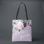 Personalized purple floral mother of the groom tote bag<br><div class="desc">Watercolor botanical floral and greenery in soft blush,  peach and purple,  with customizable "mother of the groom" script and custom name on the back,  elegant and romantic,   great personalized gifts for mother of the groom.</div>