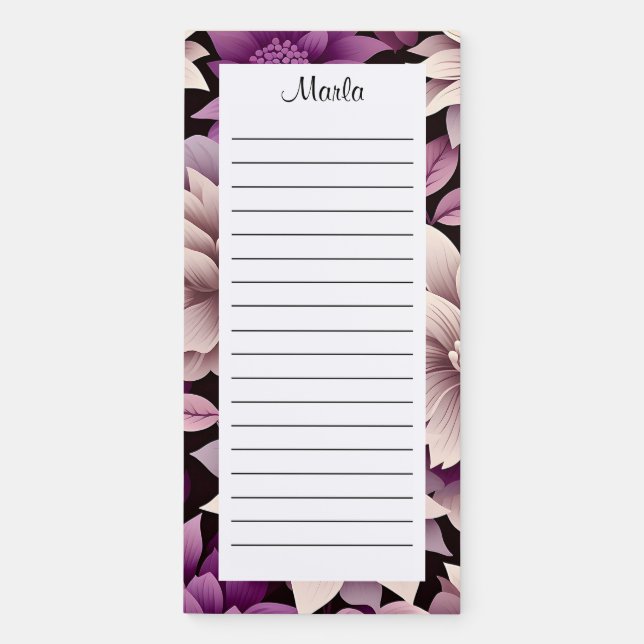 Personalized Purple Floral Name Lined Magnetic Notepad (Front)