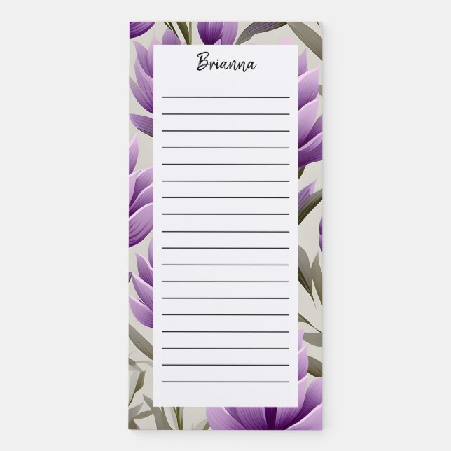Personalized Purple Floral Name Lined Magnetic Notepad (Front)