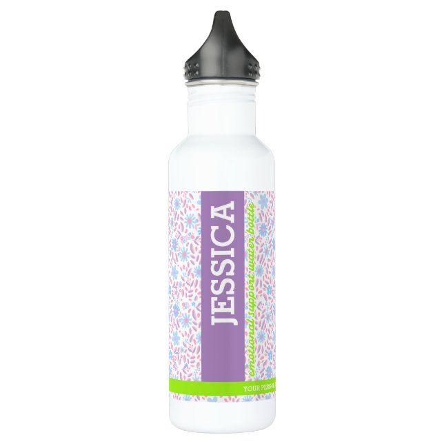 Personalized Purple Floral Name & Monogram Stainless Steel Water Bottle (Left)