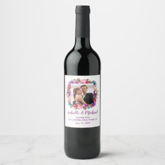 Personalized Purple Floral Photo Wedding Wine Label