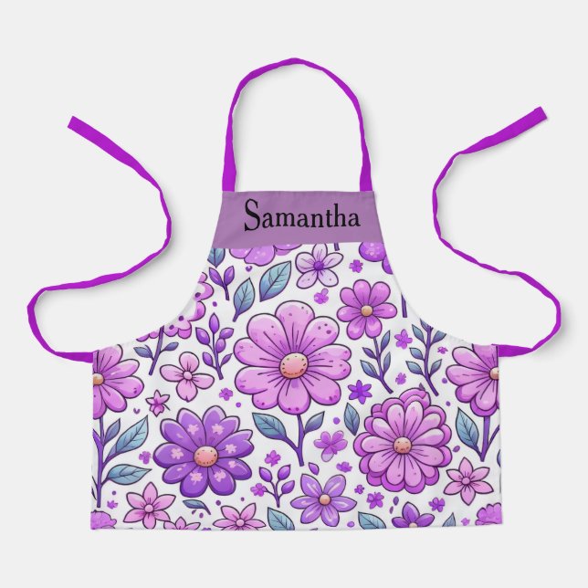 Personalized Purple Flower Pattern and Name Apron (Front)