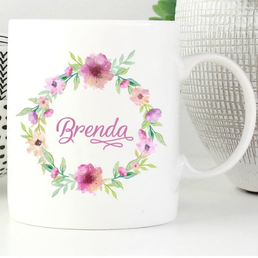 Personalized Purple Flower Wreath Coffee Mug (Front)