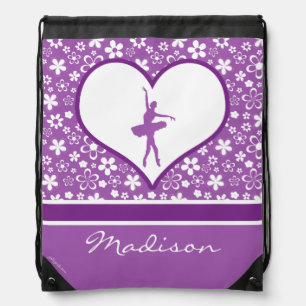 Personalized Purple Flowers Pattern Ballet Dancer Drawstring Bag