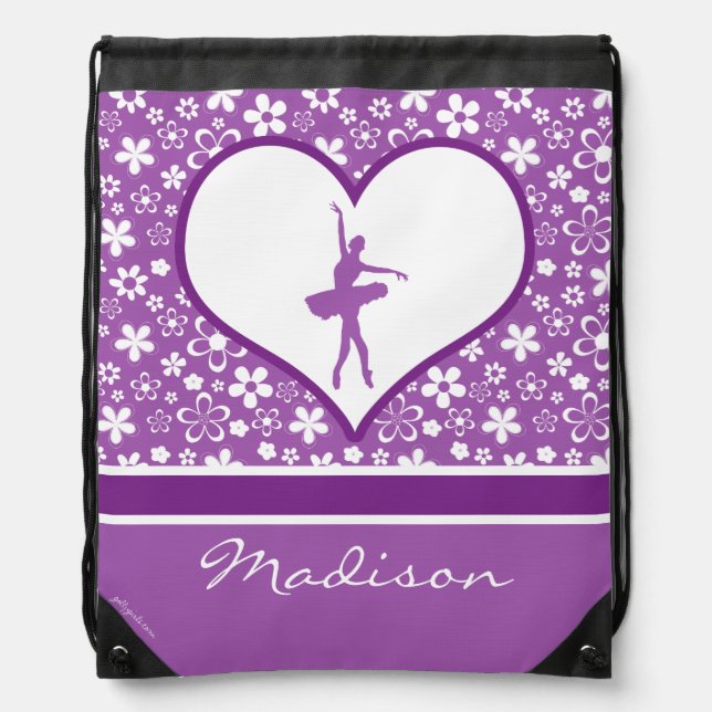 Personalized Purple Flowers Pattern Ballet Dancer Drawstring Bag (Front)