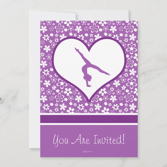 Personalized Purple Flowers Pattern Gymnastics Invitation (Front)