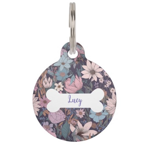 Personalized Purple Flowers Pattern Round Pet Tag