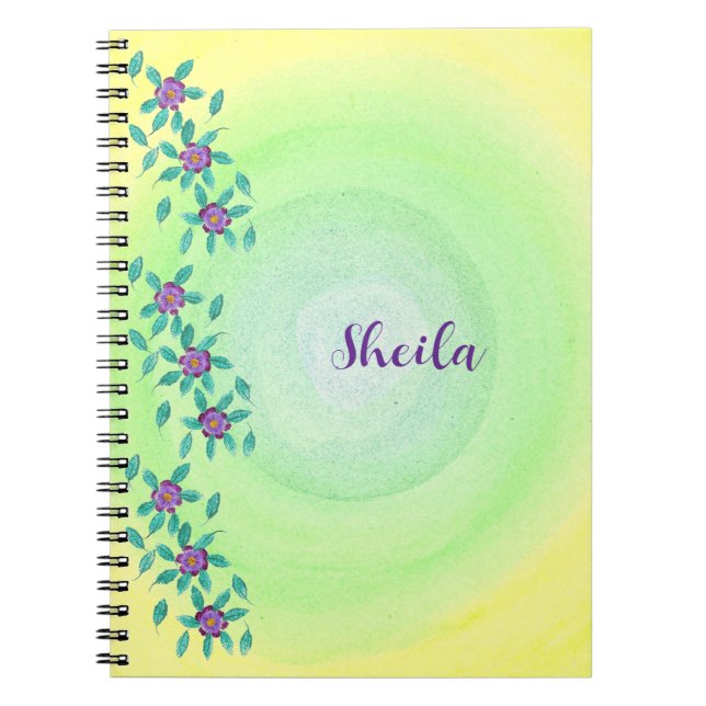 Personalized, Purple Flowers Yellow Green Notebook (Front)