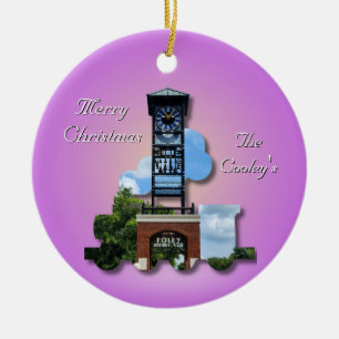Personalized (Purple) Foley Clock Tower & Train Ceramic Ornament