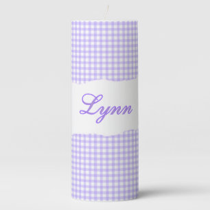 Personalized Purple Gingham Check Custom Name Pillar Candle