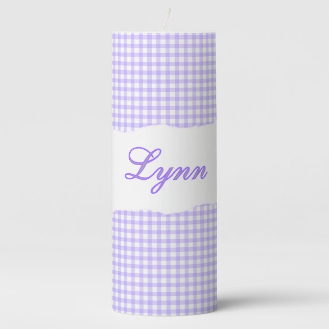 Personalized Purple Gingham Check Custom Name Pillar Candle (Front)
