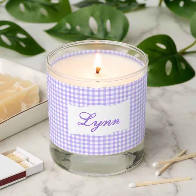 Personalized Purple Gingham Check Custom Name Scented Candle (Lit)