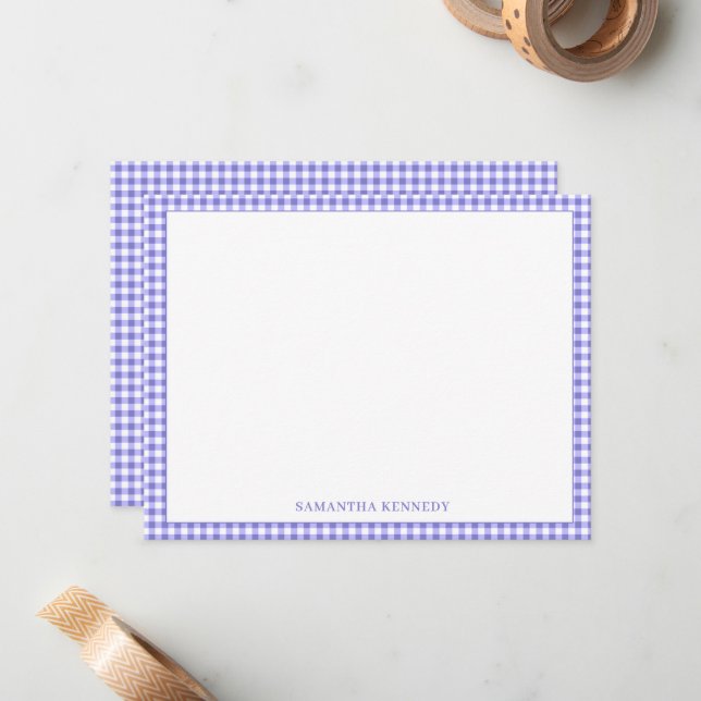 Personalized Purple Gingham Check Pattern Border Note Card (Front/Back In Situ)