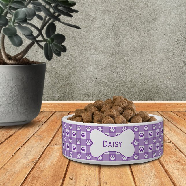 Personalized Purple Gingham with Paw Prints Bone Bowl (Creator Uploaded)