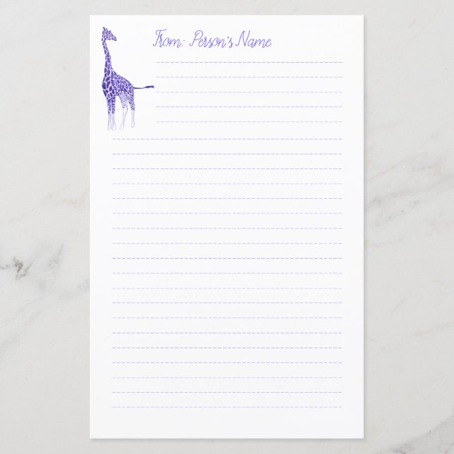 Personalized Purple Giraffe Lined Stationery (Front)