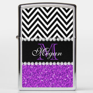 Personalized Purple Glitter Black Chevron Monogram Zippo Lighter