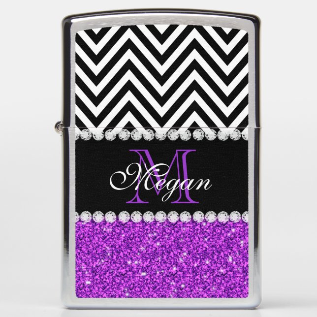 Personalized Purple Glitter Black Chevron Monogram Zippo Lighter (Front)
