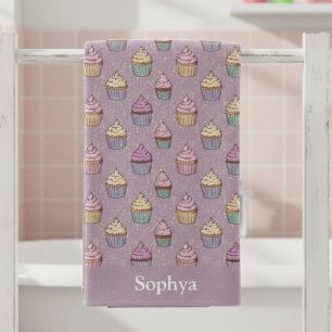 Personalized Purple Glitter Cupcake Beach Towel