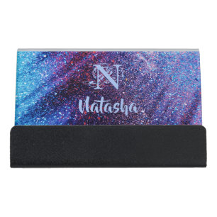 Personalized Purple Glitter Desk Business Card Holder