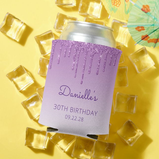 Personalized Purple Glitter Drip 30th Birthday Can Cooler (In Situ Summer)