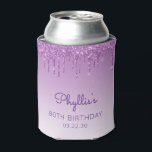 Personalized Purple Glitter Drip 80th Birthday Can Cooler<br><div class="desc">This chic design features a sparkly purple faux glitter drip border and purple ombre background. Personalize it with her name in handwriting script,  with the birthday and date below in sans serif font.</div>