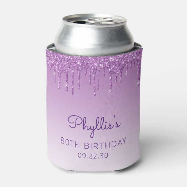 Personalized Purple Glitter Drip 80th Birthday Can Cooler (Can Front)