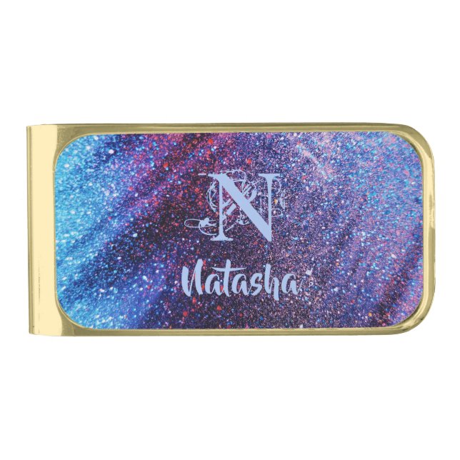 Personalized Purple Glitter  Gold Finish Money Clip (Front)