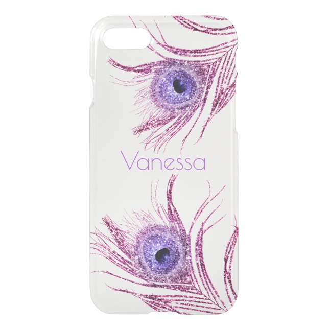 Personalized Purple Glitter Peacock Feathers Clear Uncommon iPhone Case (Back)