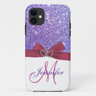 Personalized Purple Glitter, Pink Printed Bow iPhone 11 Case
