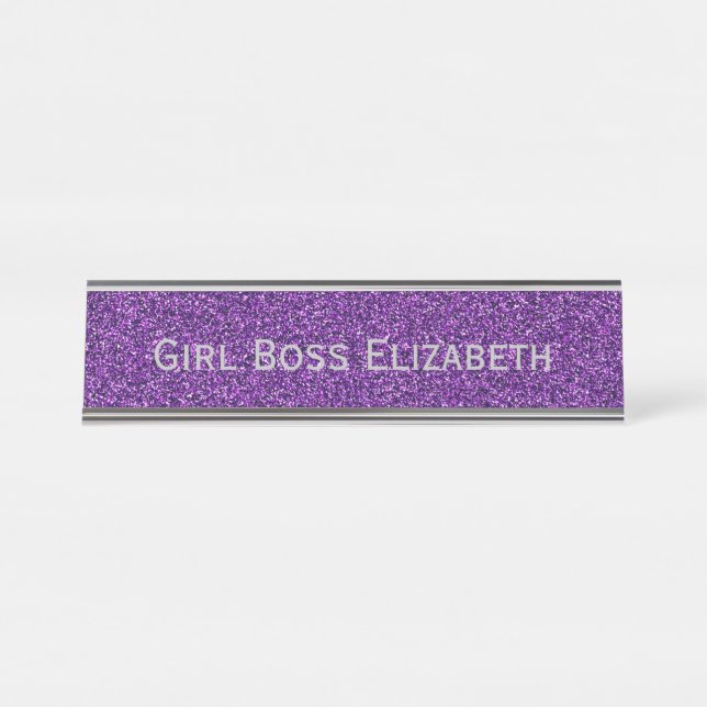 Personalized Purple Glitter Silver Girl Boss Funny Desk Name Plate (Front)