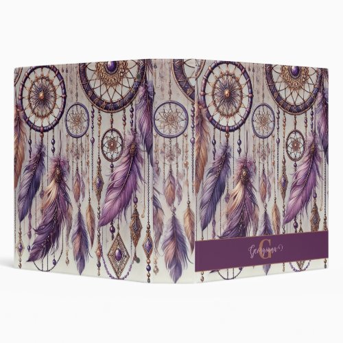 Personalized Purple &amp; Gold Boho Dreamcatchers 3 Ring Binder