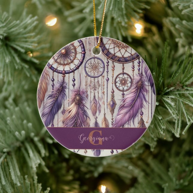 Personalized Purple & Gold Boho Dreamcatchers Ceramic Ornament (Tree)