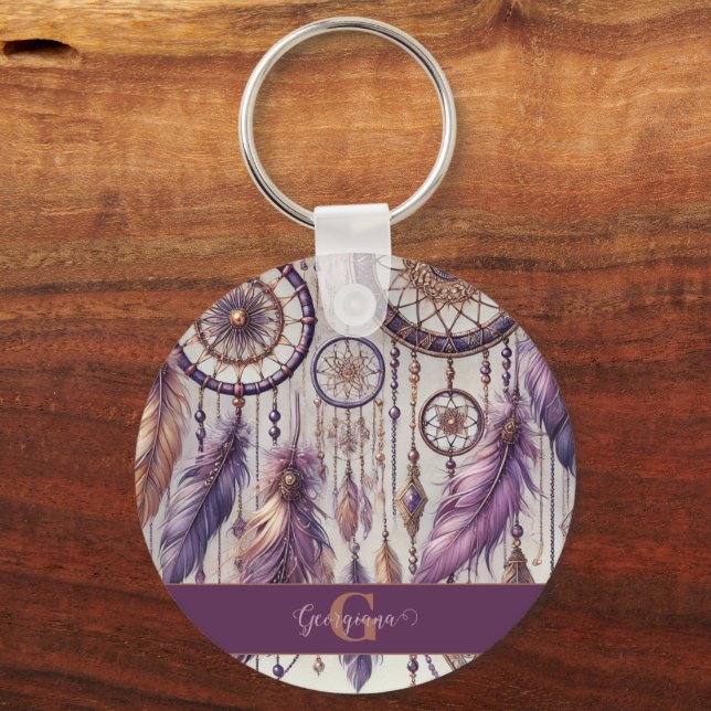 Personalized Purple & Gold Boho Dreamcatchers Keychain (Front)