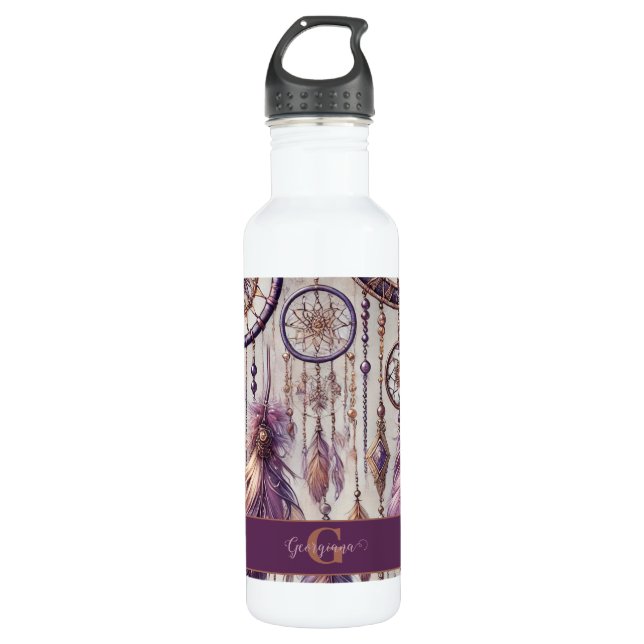 Personalized Purple & Gold Boho Dreamcatchers Stainless Steel Water Bottle (Front)
