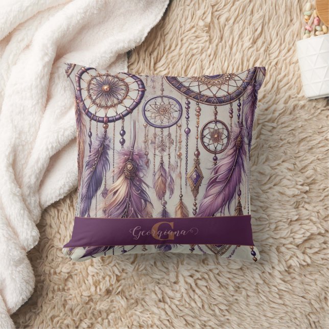 Personalized Purple & Gold Boho Dreamcatchers Throw Pillow (Blanket)