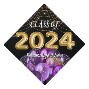 Personalized Purple Gold Chic Class of 2024 Graduation Cap Topper