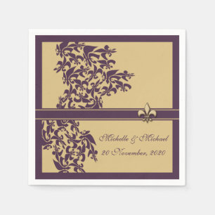 Personalized Purple Gold Fleur de Lis Damask Style Napkins