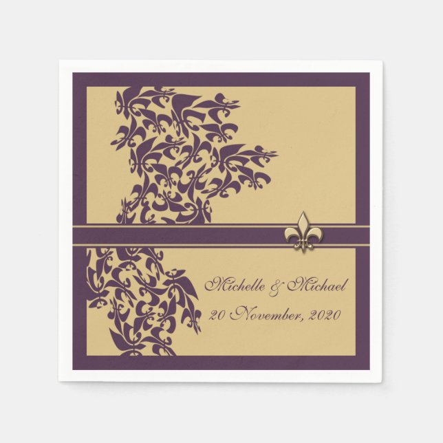 Personalized Purple Gold Fleur de Lis Damask Style Napkins (Front)