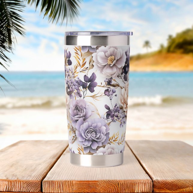 Personalized Purple Gold Floral with Name  Insulated Tumbler (Beach)