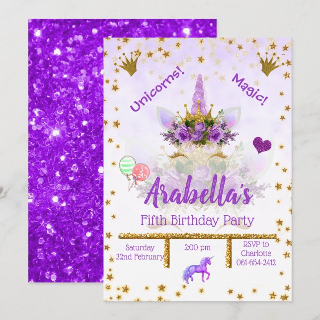 Personalized Purple, Gold Stars Unicorn Birthday Invitation (Front/Back)