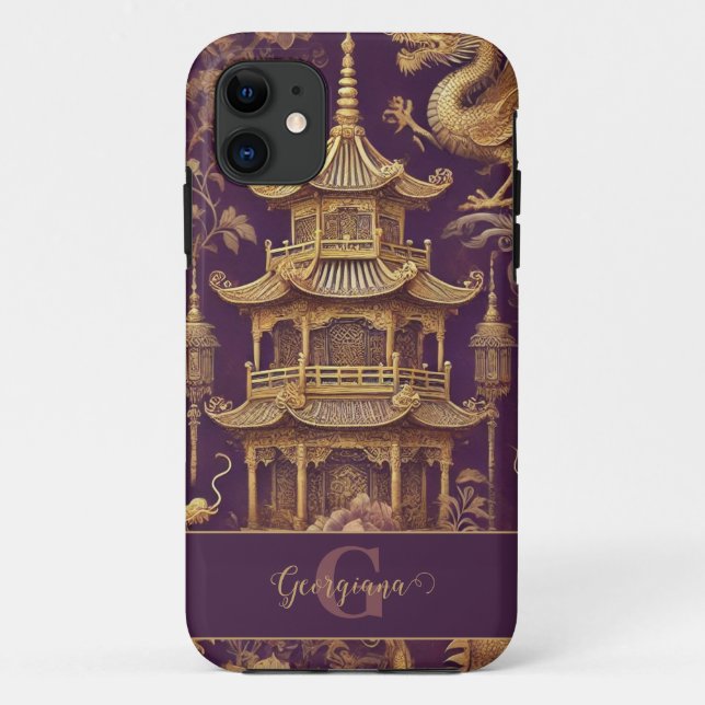 Personalized Purple & Gold Victorian Chinoiserie Case-Mate iPhone Case (Back)