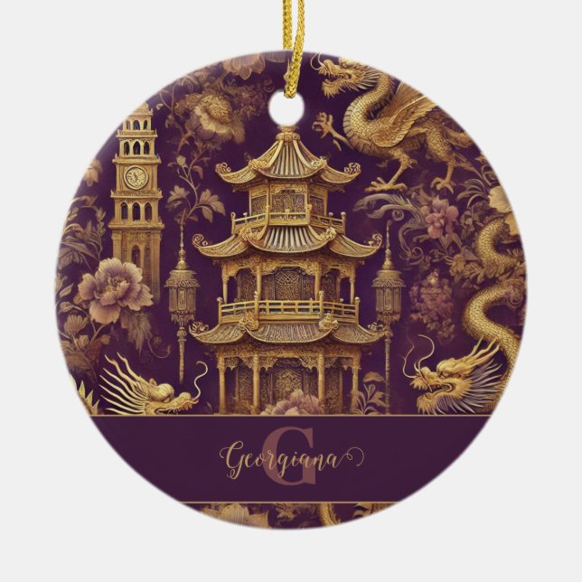 Personalized Purple & Gold Victorian Chinoiserie Ceramic Ornament (Front)
