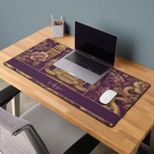 Personalized Purple & Gold Victorian Chinoiserie Desk Mat (Office 2)