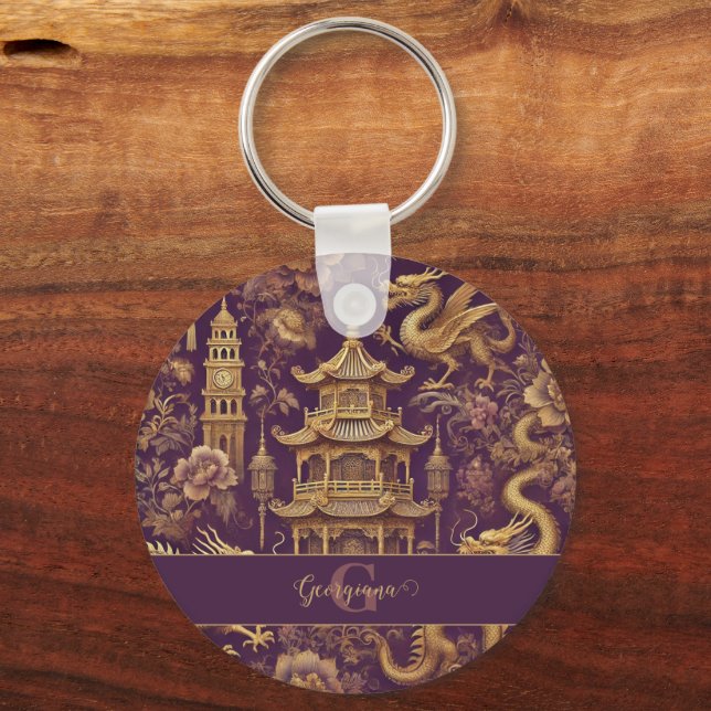 Personalized Purple & Gold Victorian Chinoiserie Keychain (Back)