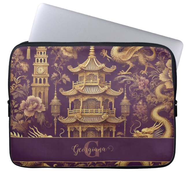 Personalized Purple & Gold Victorian Chinoiserie Laptop Sleeve (Front)