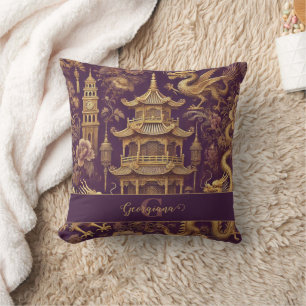 Personalized Purple & Gold Victorian Chinoiserie Throw Pillow
